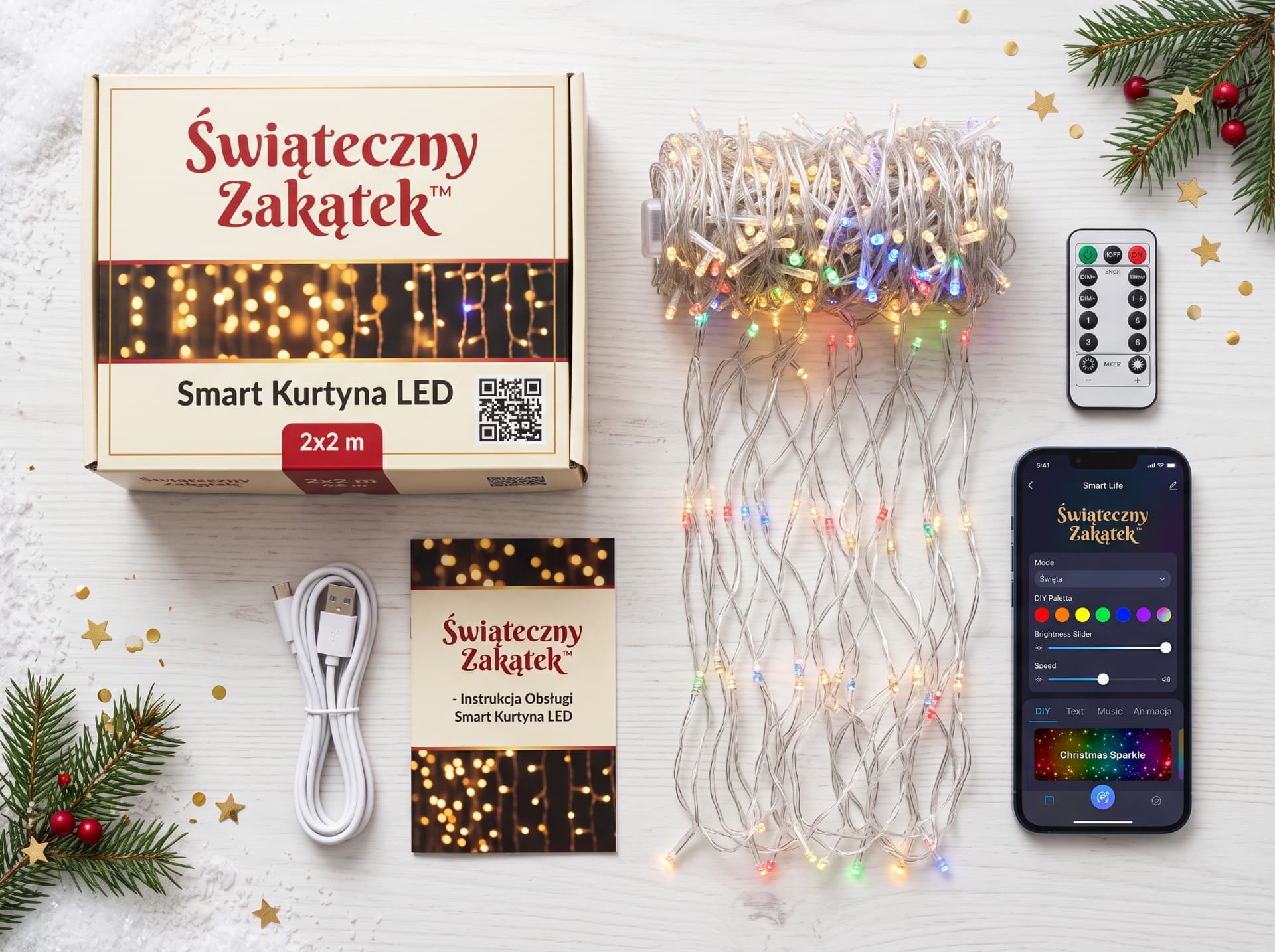 Zawartość zestawu Smart Kurtyna LED: pudełko, kurtyna, pilot, kabel i instrukcja