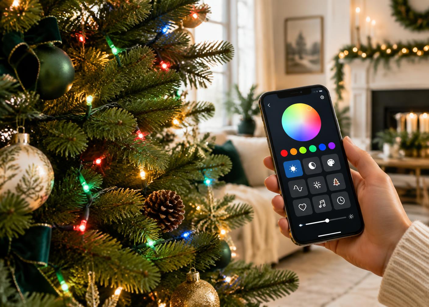 Telefon sterujący kolorowymi światełkami LED na choince
